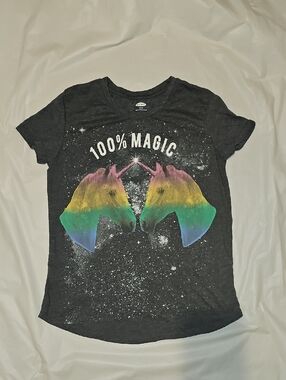 Old Navy Girls XL 14, 100% Magic Rainbow Unicorn Graphic Gray T-Shirt Used
